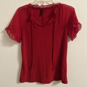 Zero 2 Eight Women’s Red Sheer Flutter Sleeve Ruffle V-Neck Blouse Size M